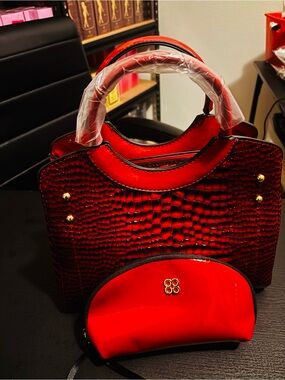 Red Croc-Embossed Women's Handbag with Matching Pouch